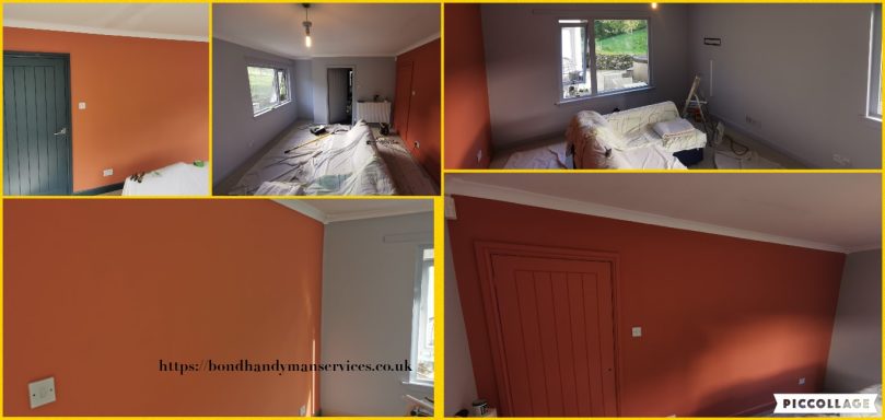 Four views of a room showcasing orange and grey painted walls.