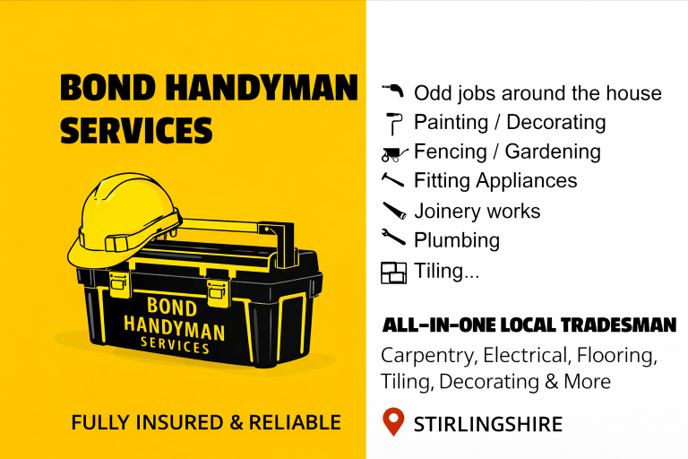 Yellow background featuring a toolbox and text about a local, all-in-one handyman services in Stirling.