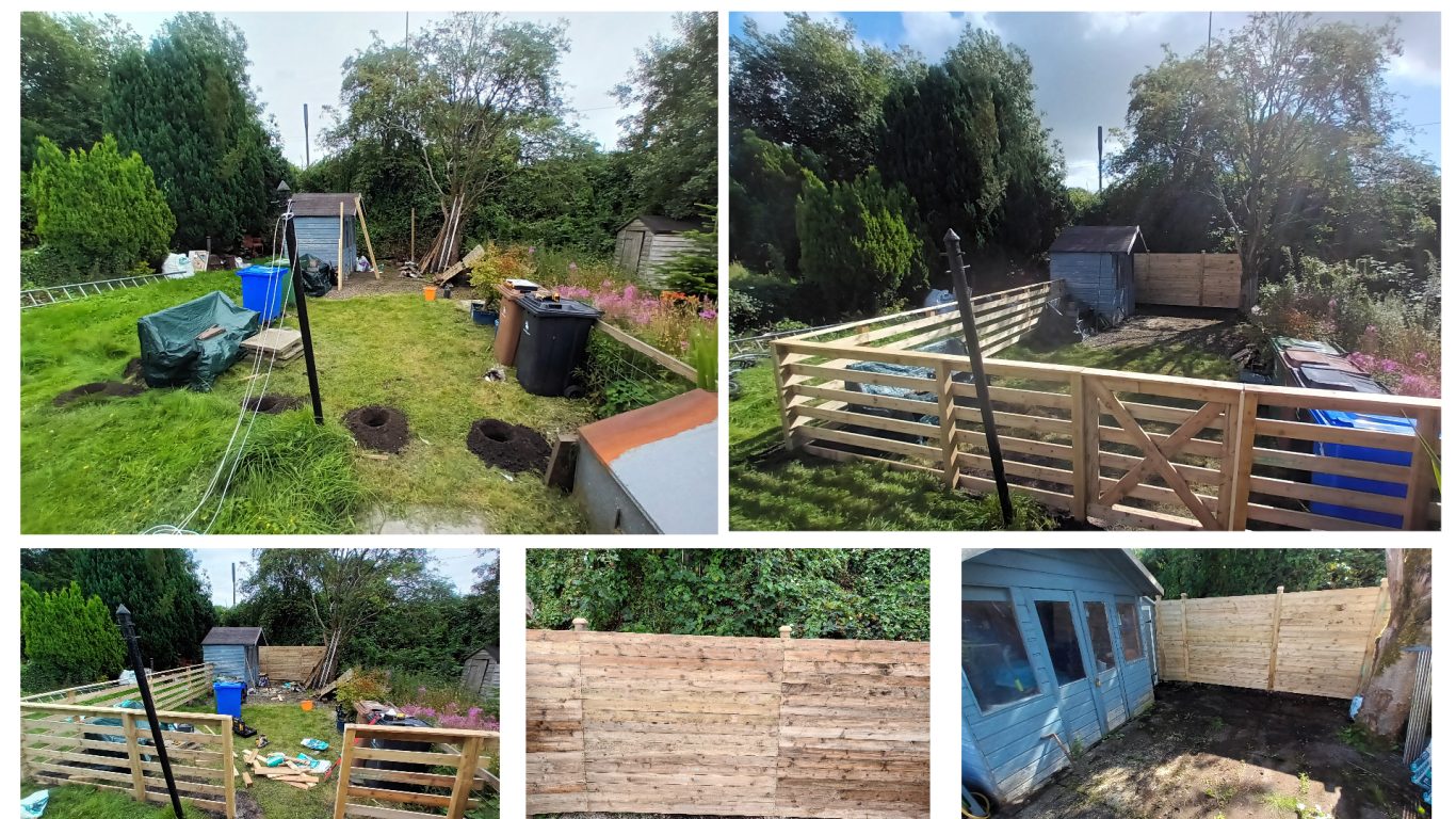 Building a new custom fence A collage of a garden area with no fence, and step-by-step building a custom new fence under a clear sky.