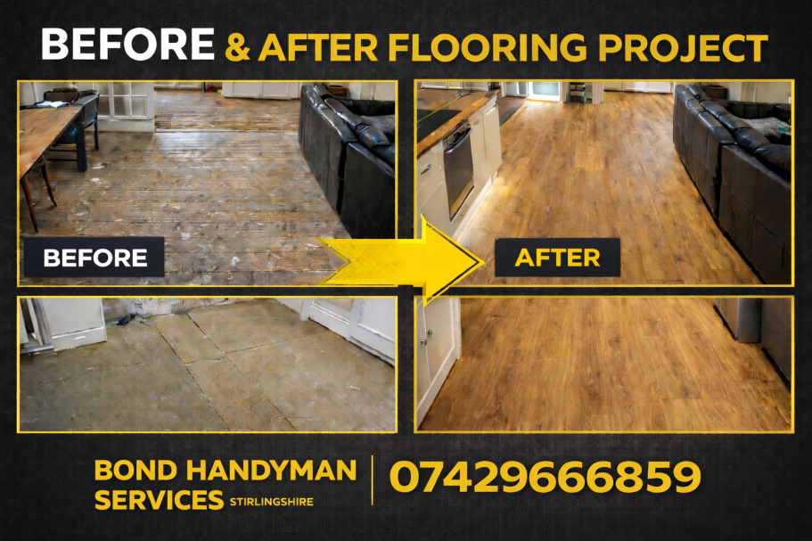 Bond_Handyman_Services_Stirlingshire_flooring_renovation Comparison of flooring before and after renovation, showcasing a significant transformation.